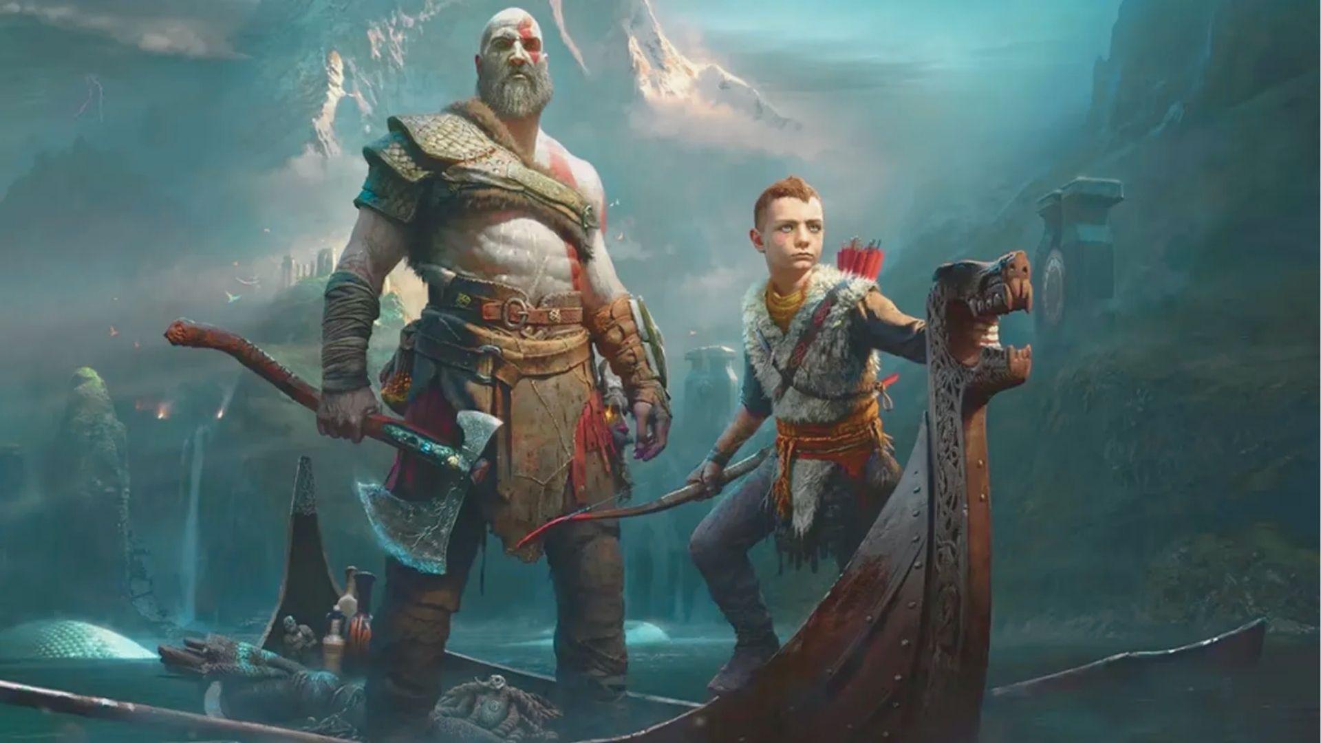 Bearded Kratos with red war paint stands beside his red-haired son Atreus on a Norse longship.