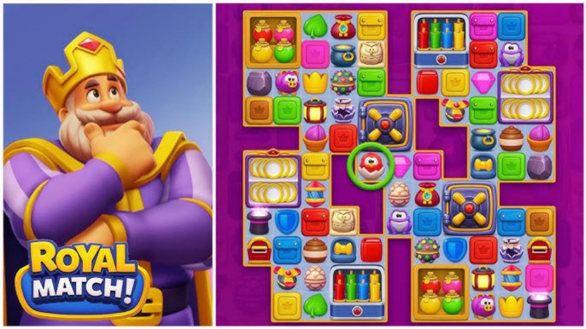 Thinking king with crown beside Royal Match puzzle grid featuring potions, gems, safes, and red bird circled in green highlight.