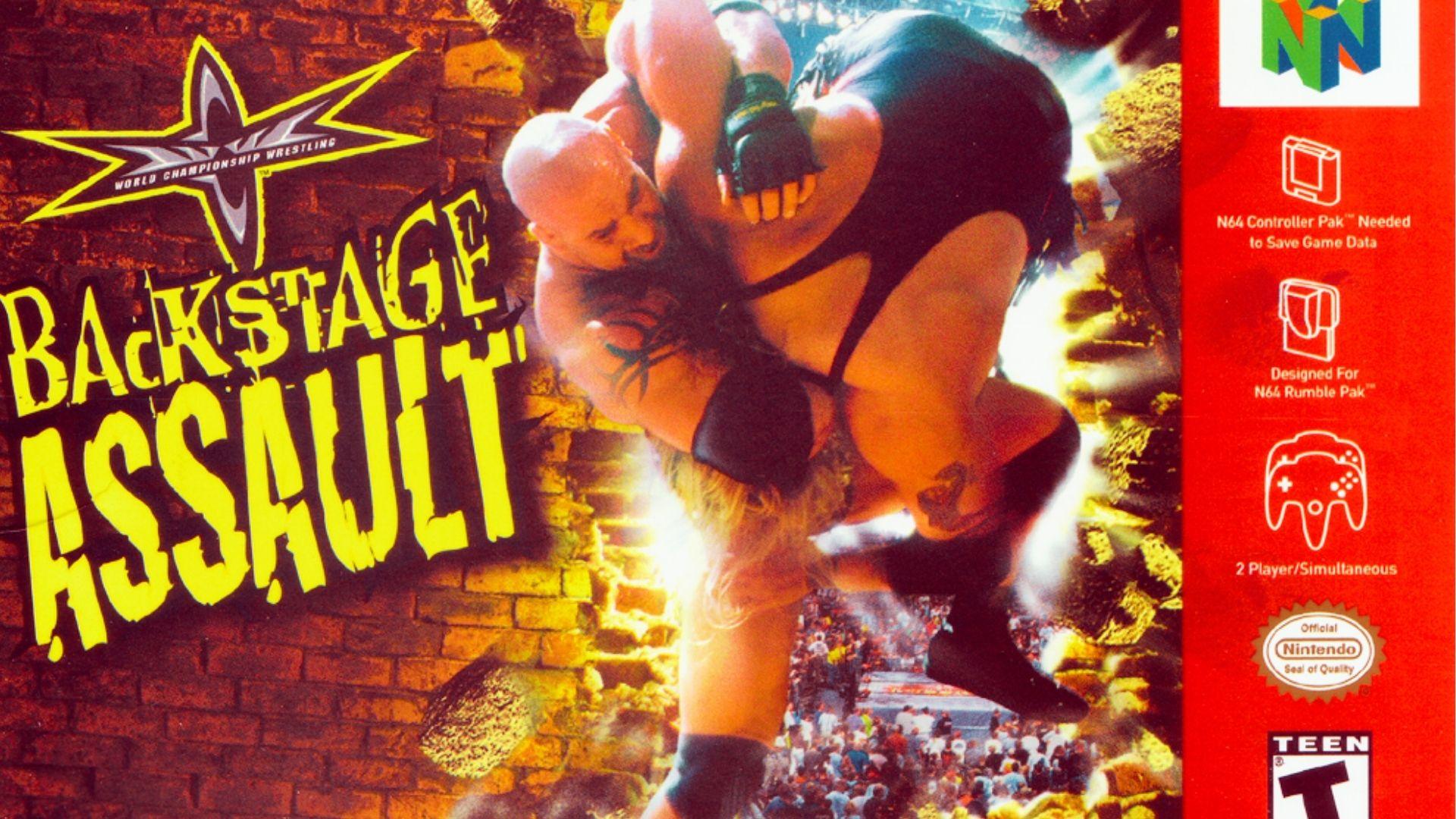 WCW Backstage Assault Nintendo 64 box art showing wrestler slamming opponent through brick wall, red sidebar, logo