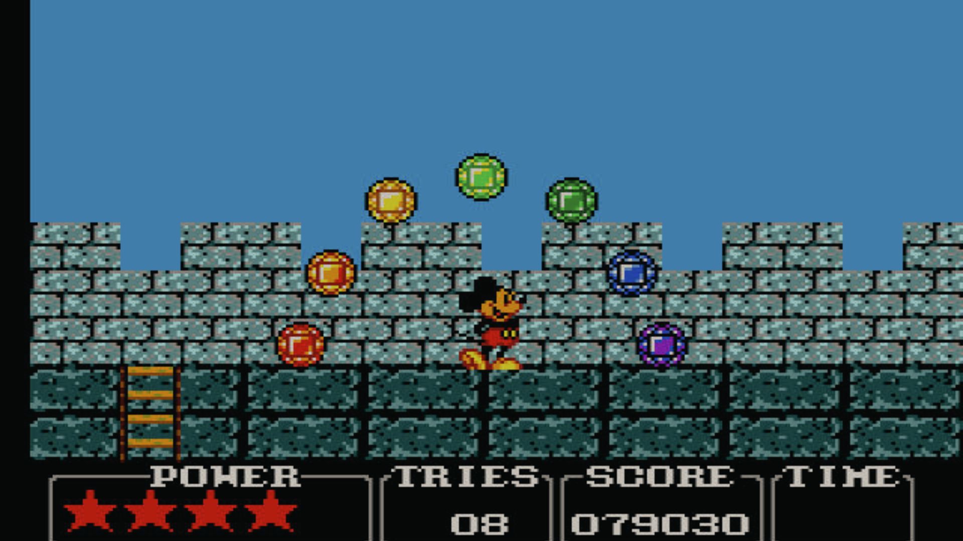 Mickey collects gems in a castle with HUD below, Master System classic platformer Castle of Illusion